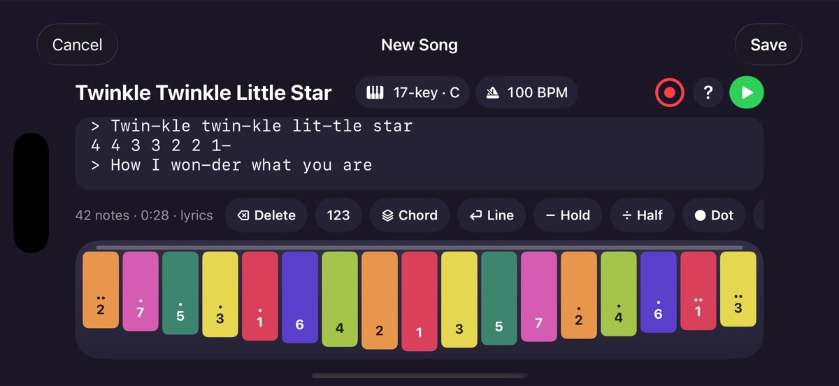 The song editor on iPhone in landscape, with all 17 tines spread across the full width of the screen