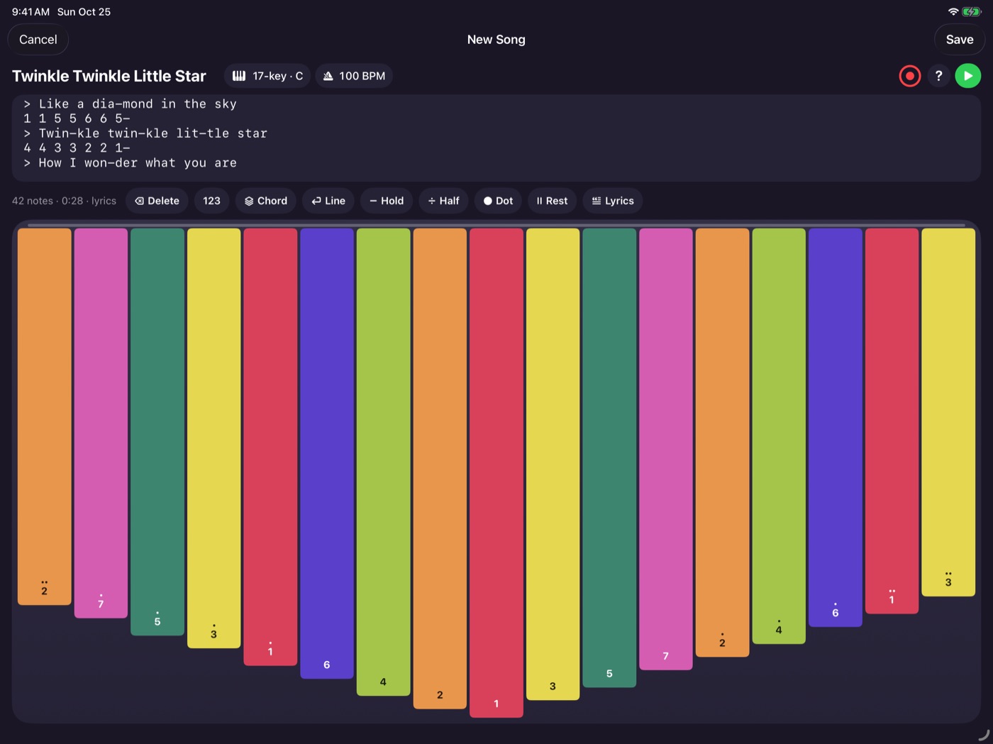 The song editor on iPad held sideways, with one row of controls and a full-width 17-key kalimba
