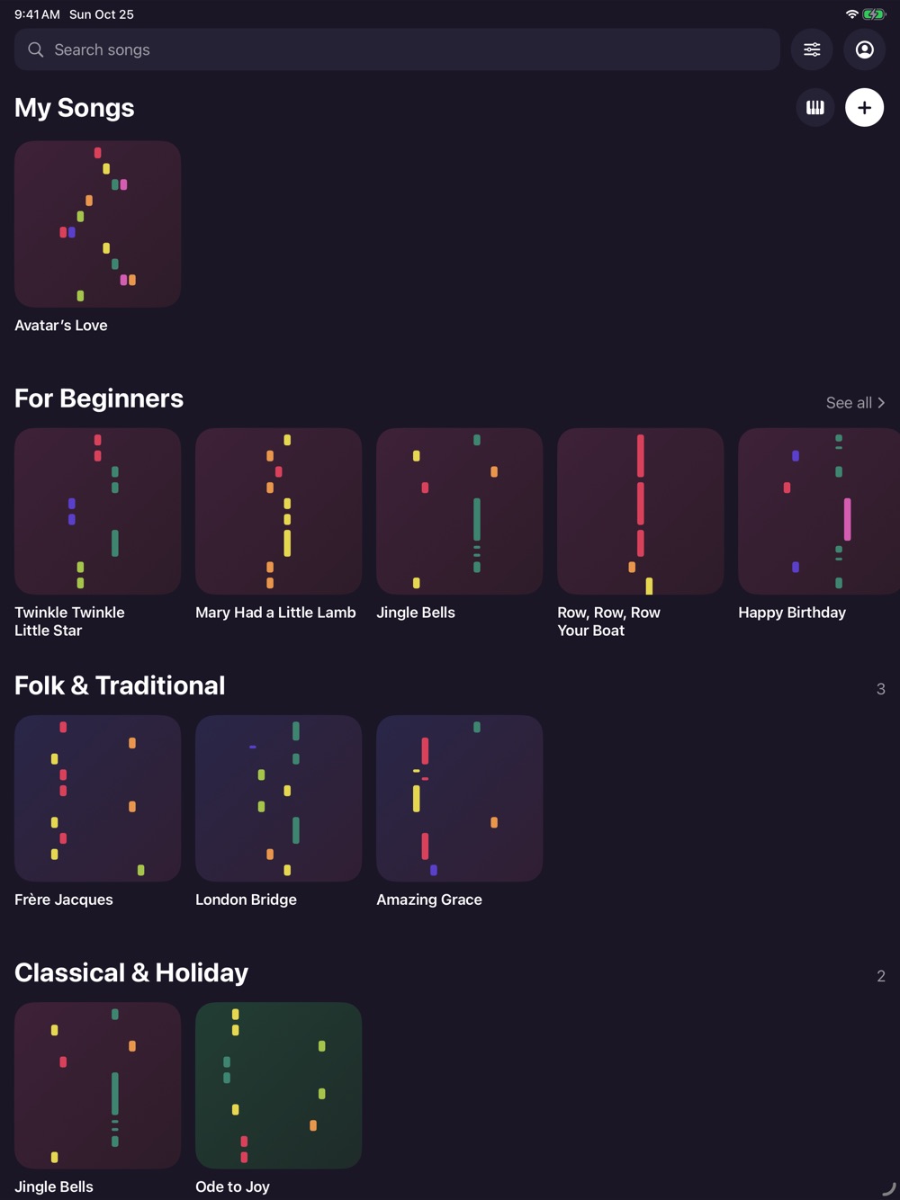 The song library on iPad, with larger song cards